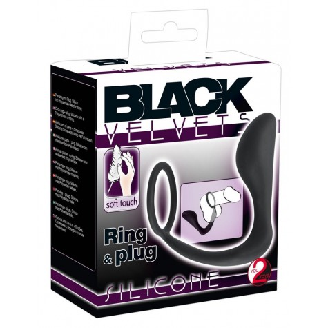 Чёрное эрекционное кольцо с анальной пробкой Black Velvets Ring & Plug